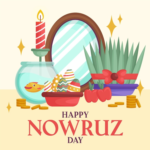 Ilustração feliz do nowruz com brotos e espelho