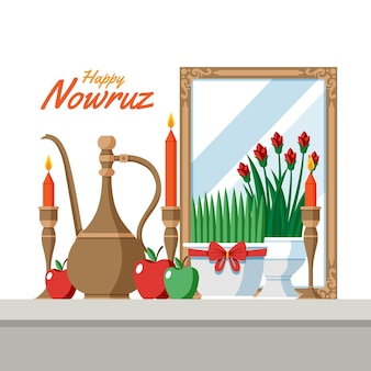 Ilustração feliz do nowruz com brotos e espelho