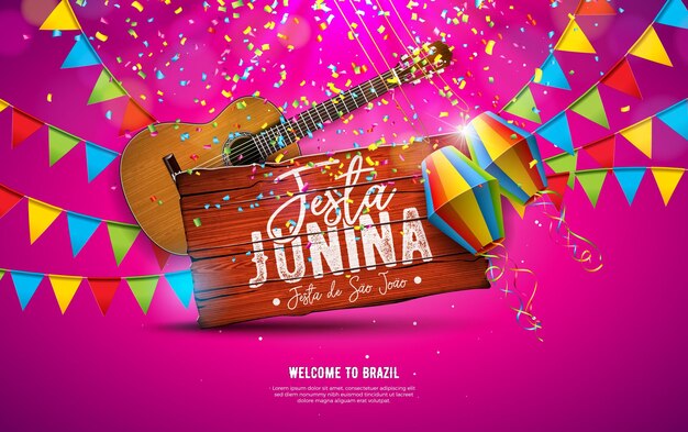 Ilustração Festa Junina com bandeiras de festa de guitarra acústica e lanterna de papel em fundo amarelo