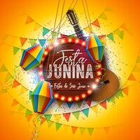 Ilustração festa junina com bandeiras de festa de guitarra acústica e lanterna de papel em fundo amarelo