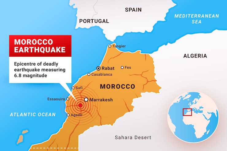 Vetor grátis ilustração gradiente do terremoto em marrocos com mapa do país e localização