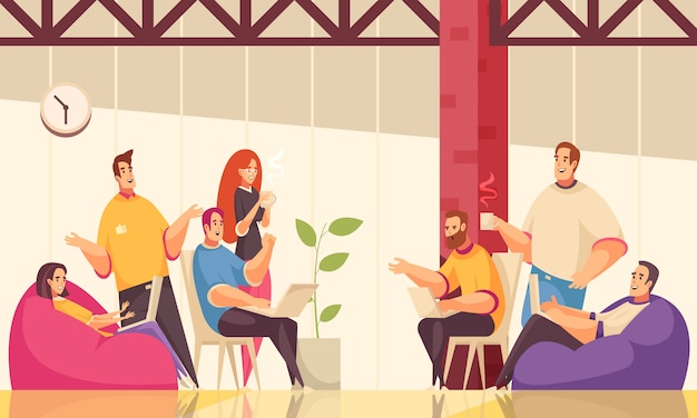 Ilustração horizontal de Coworking com grupo de funcionários criativos discutir tarefas comuns de negócios com café no escritório de espaço aberto