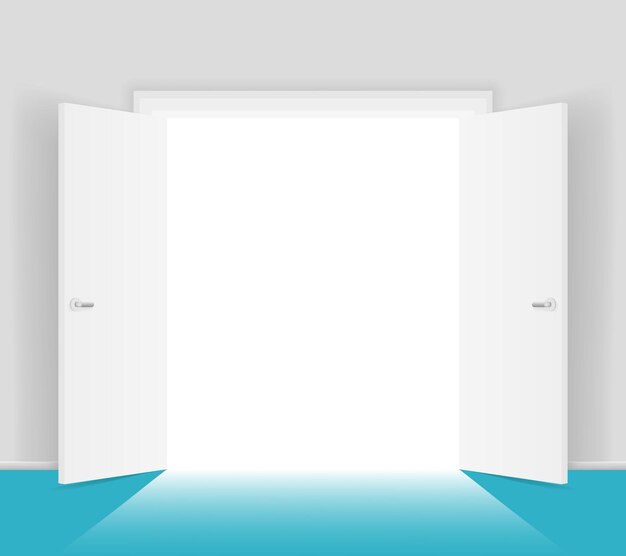 Ilustração isolada de portas abertas brancas. Luz brilhando da porta. Abertura para a liberdade
