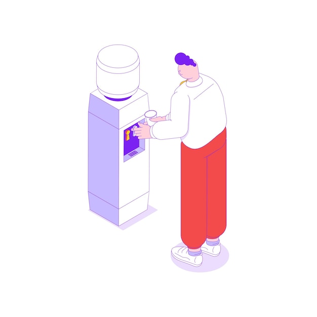 Ilustração isométrica com trabalhador de escritório bebendo água do refrigerador 3d