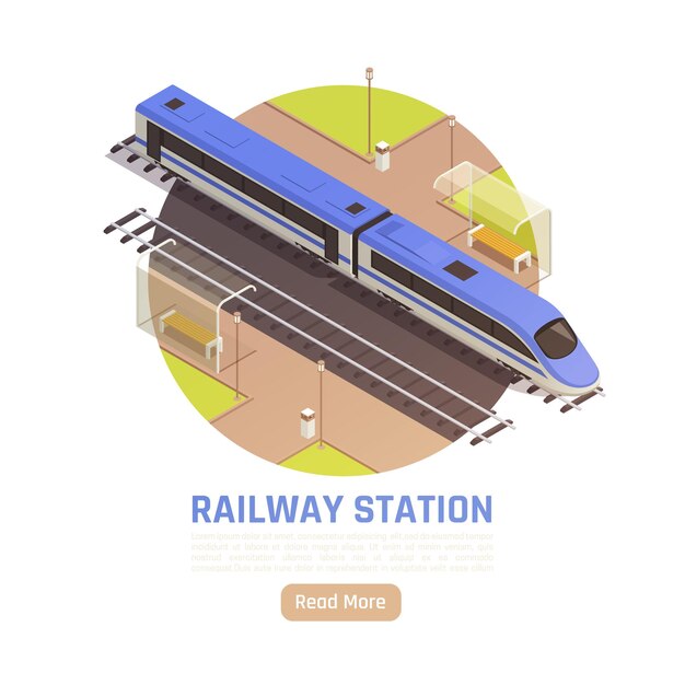 Ilustração isométrica da estação ferroviária de trem com texto editável de parada de trem de composição redonda e botão leia mais