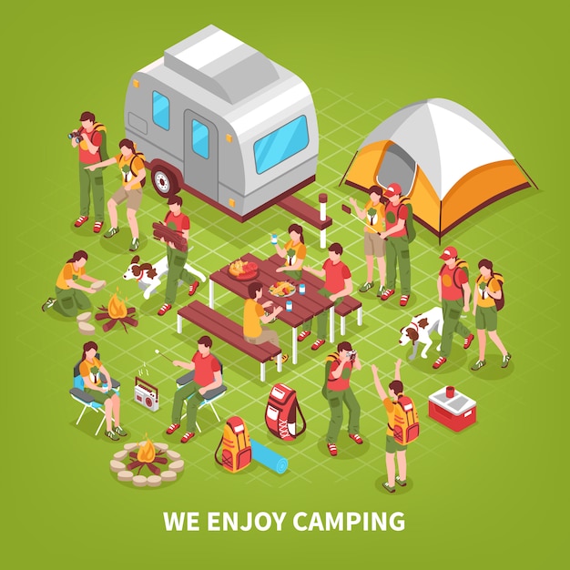 Ilustração isométrica de expedição camping