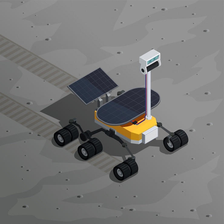 Vetor grátis ilustração isométrica de exploração de marte com imagem de rover robótico, movendo-se na superfície do planeta