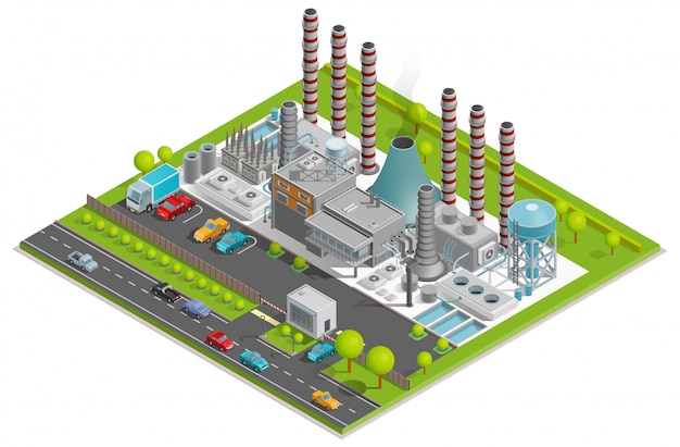 Ilustração isométrica de fábrica de produtos químicos