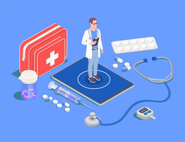 Ilustração isométrica de telemedicina e saúde digital