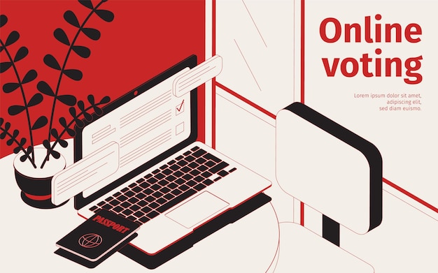 Ilustração isométrica de votação online com espaço de trabalho com laptop, site de eleições e passaporte