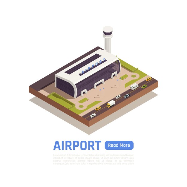 Ilustração isométrica do aeroporto com estrada e edifício terminal