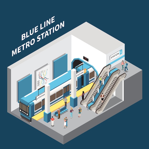 Ilustração isométrica do interior da estação de metrô da linha azul da escada rolante da plataforma do trem transportando os passageiros para a saída da ilustração