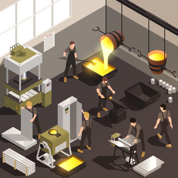Ilustração isométrica dos trabalhadores da instalação de fabricação de metal com vazamento de ferro fundido, fundição do forjamento, ilustração do processo do laminador