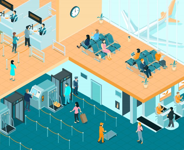 Ilustração isométrica interna do aeroporto