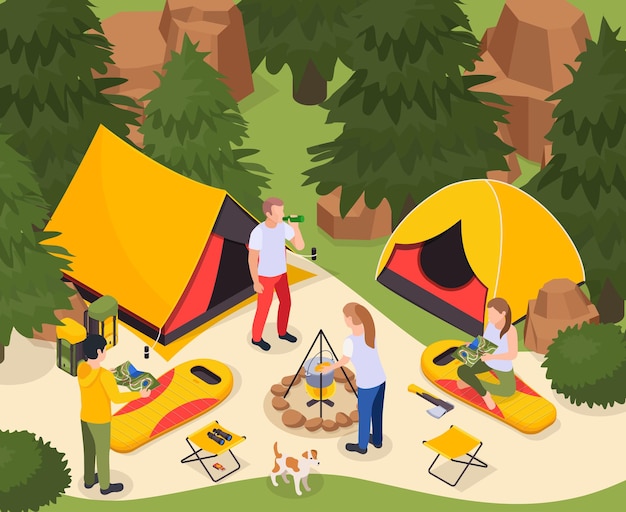 Ilustração isométrica turística de acampamento e caminhada