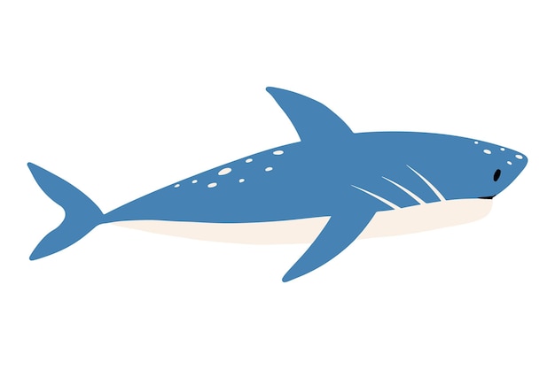 Ilustração para crianças de tubarão fofo isolado no fundo branco. tubarão azul desenhado à mão em estilo cartoon. ilustração vetorial
