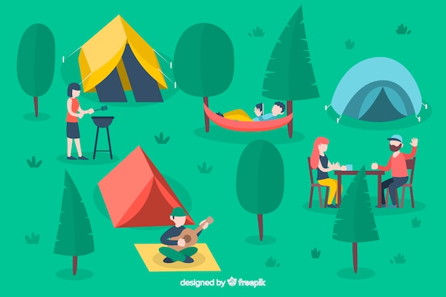 Ilustração, pessoas, acampamento, natureza
