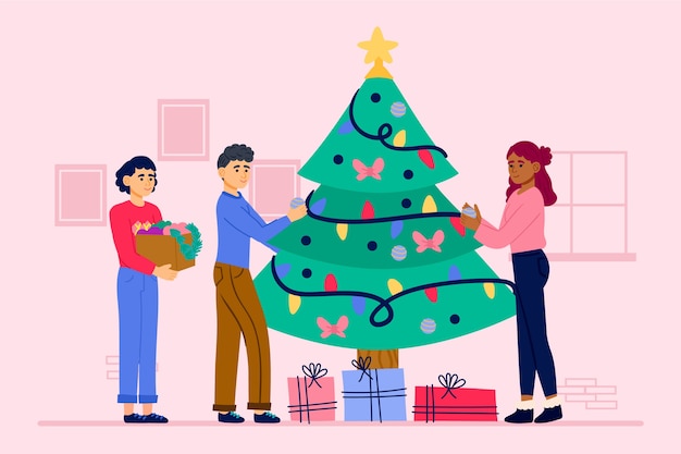 Ilustração pessoas decorando a árvore de natal com enfeites