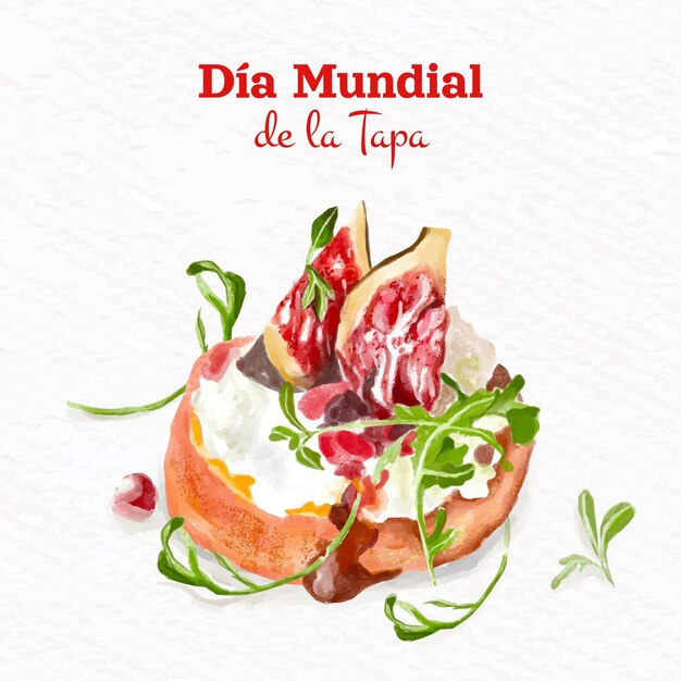 Ilustração pintada à mão em aquarela dia mundial de la tapa