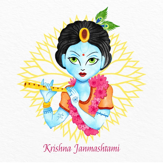 Ilustração pintada à mão em aquarela krishna janmashtami