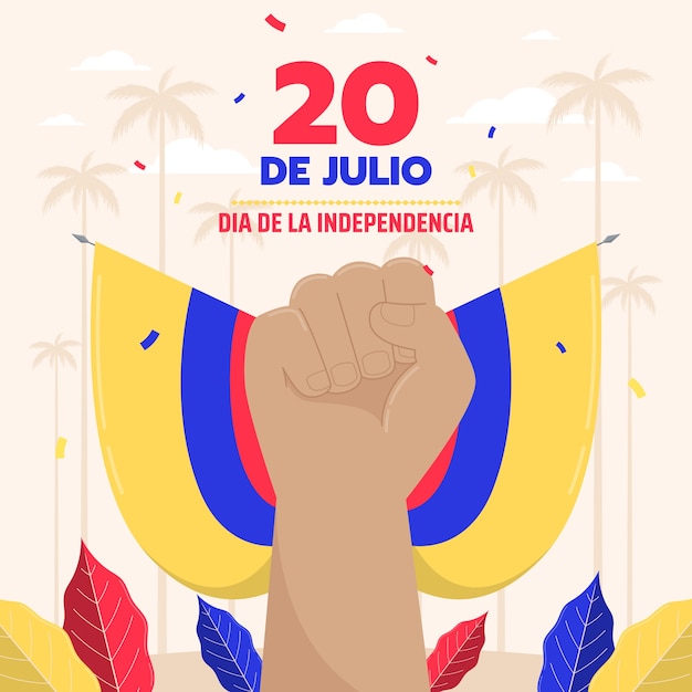 Ilustração plana 20 de julio com bandeira e punho