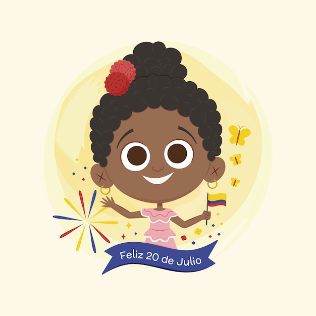 Ilustração plana 20 de julio com criança segurando bandeira colombiana