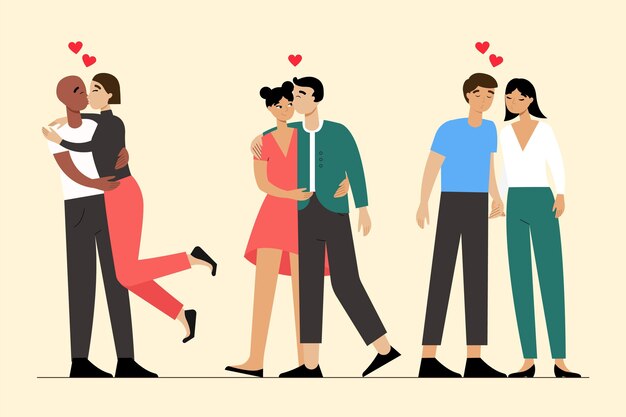 Ilustração plana com casais se beijando