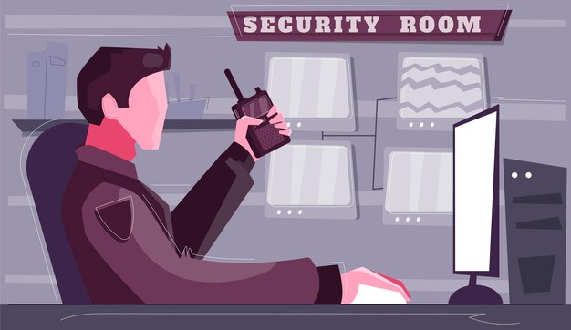Ilustração plana da sala de controle de segurança personagem de guarda com rádio portátil assistindo na tela