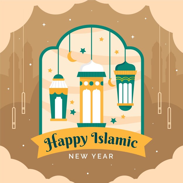Vetor grátis ilustração plana de ano novo islâmico com lanternas