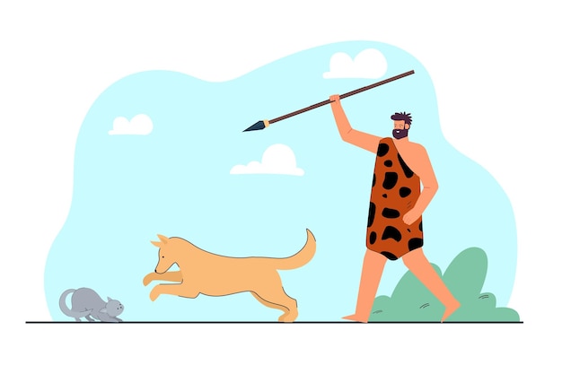 Vetor grátis ilustração plana de caça do homem antigo. aborígene macho faminto caçando com cachorro e gato na selva