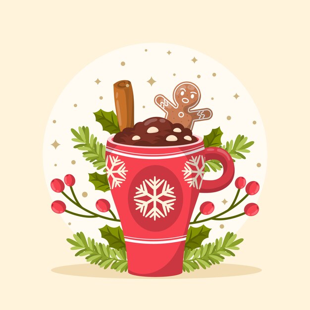 Ilustração plana de chocolate quente de temporada de natal