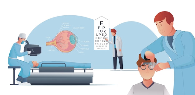 Ilustração plana de correção de visão com oftalmologistas verificando lentes de seleção de visão para óculos realizando ilustração vetorial de cirurgia a laser