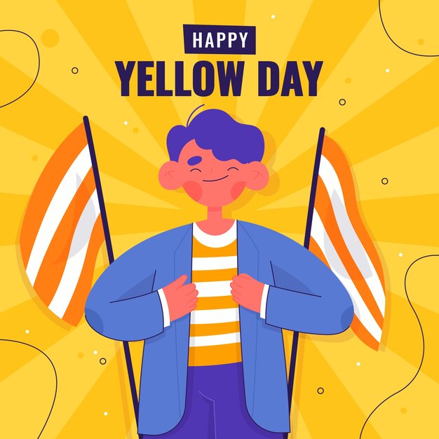 Ilustração plana de dia amarelo com homem sorrindo