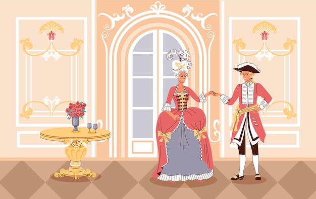 Vetor grátis ilustração plana de história da moda com uma senhora e um cavalheiro vestidos com roupas do século xviii ilustração vetorial