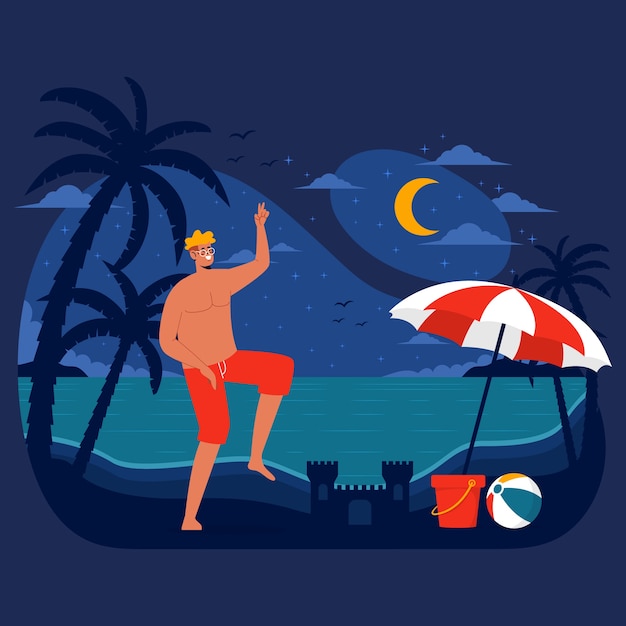 Vetor grátis ilustração plana de noite de verão com homem dançando na praia