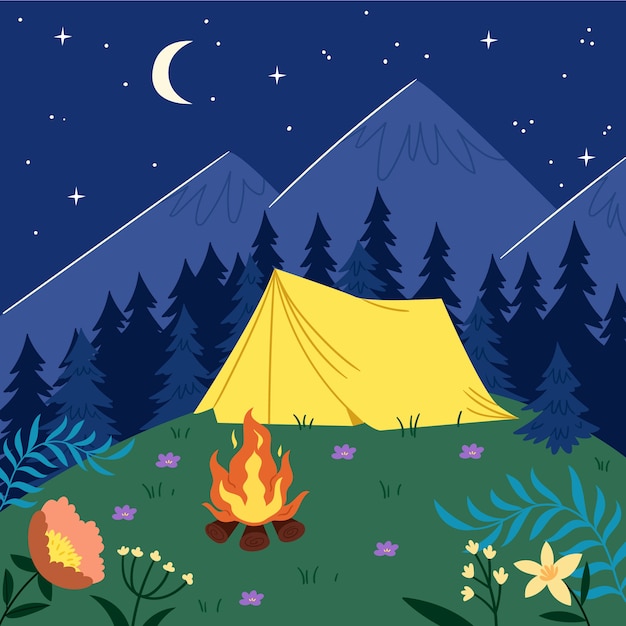 Ilustração plana de noite de verão com tenda e montanhas