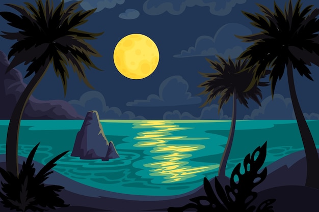 Ilustração plana de noite de verão com vista para a lua