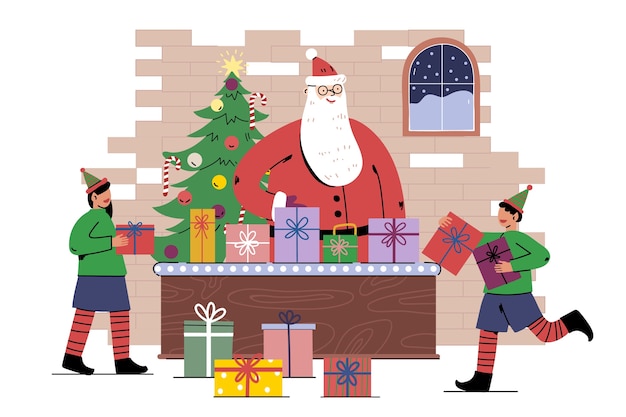 Vetor grátis ilustração plana de oficina de papai noel da temporada de natal