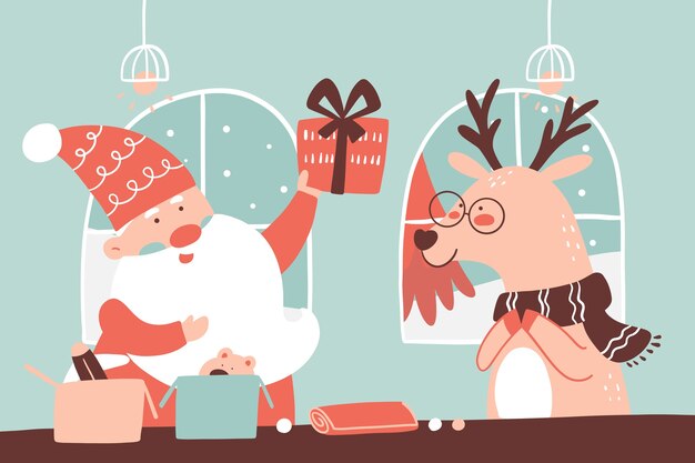 Ilustração plana de oficina de papai noel de natal