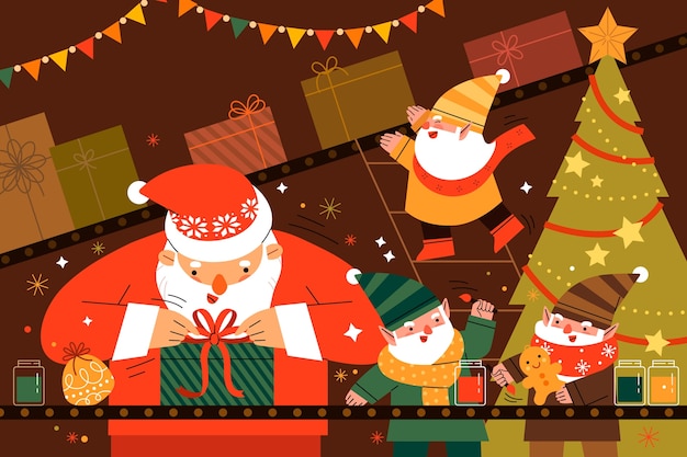 Ilustração plana de oficina de papai noel