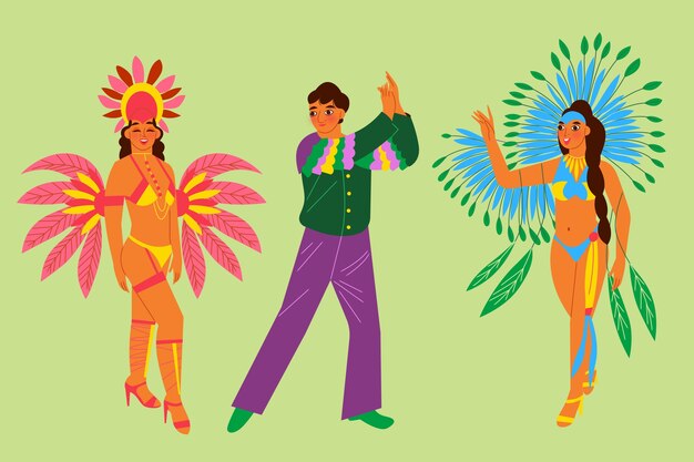 Ilustração plana de personagens do carnaval brasileiro