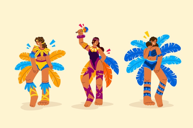 Ilustração plana de personagens do carnaval brasileiro