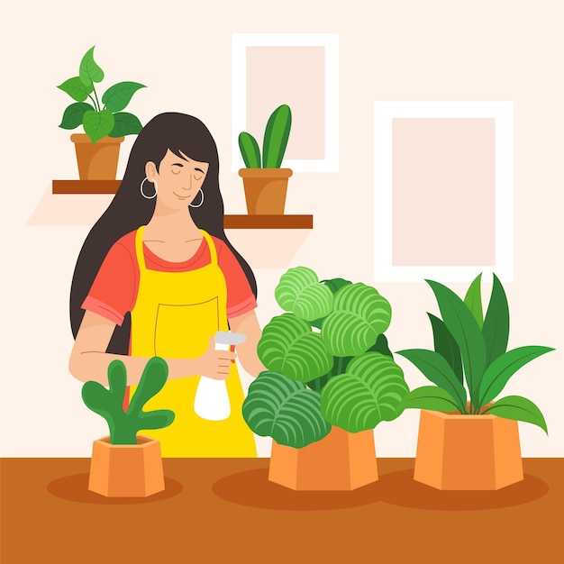 Ilustração plana de pessoas cuidando de plantas