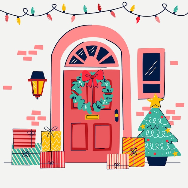 Ilustração plana de porta de natal