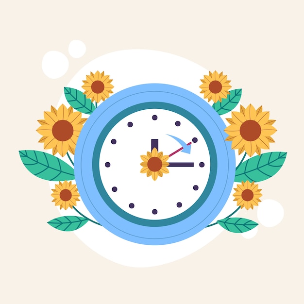 Ilustração plana de primavera com relógio