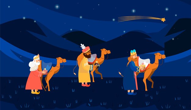 Vetor grátis ilustração plana de reyes magos chegando ao presépio