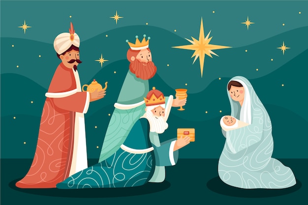 Vetor grátis ilustração plana de reyes magos chegando ao presépio