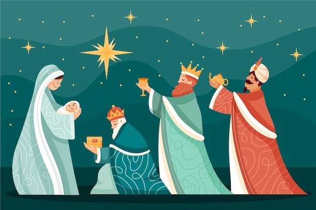 Vetor grátis ilustração plana de reyes magos chegando ao presépio