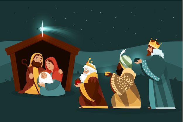 Ilustração plana de reyes magos chegando ao presépio