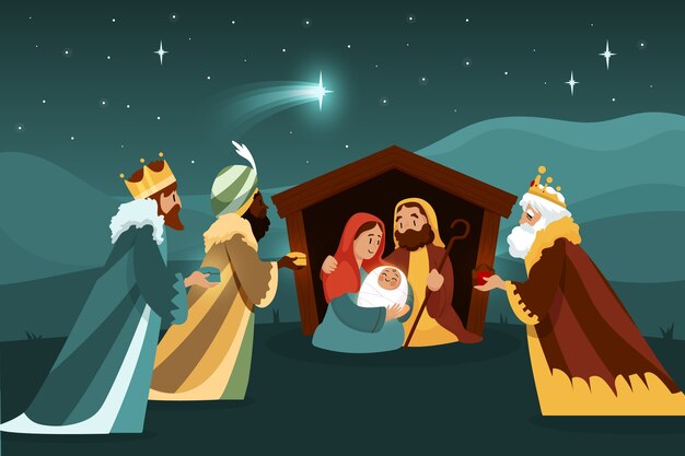 Vetor grátis ilustração plana de reyes magos chegando ao presépio